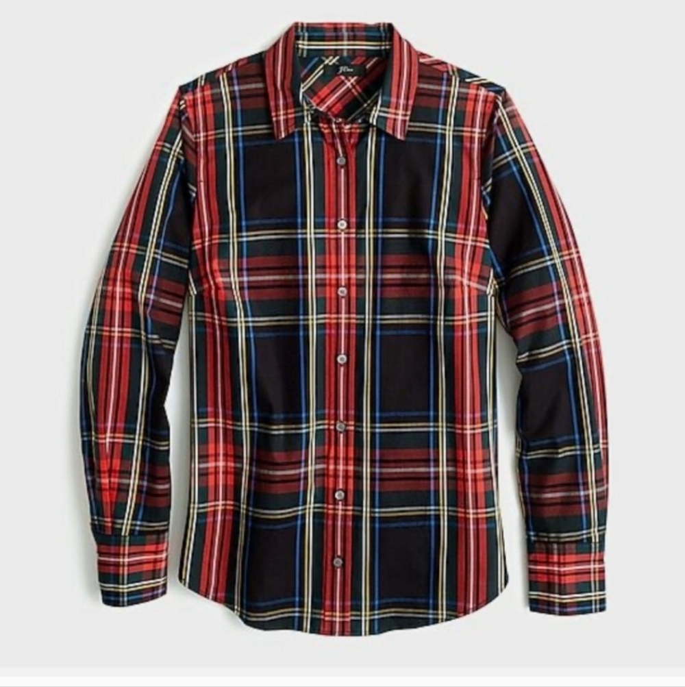 J.Crew Men's Black Stewart Plaid, Secret Wash, Button Down, Slim, Stretch Shirt.